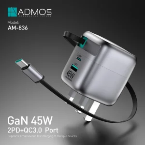 ADMOS AM-836 45W GaN Fast Charger with Dual PD + QC3.0 Ports