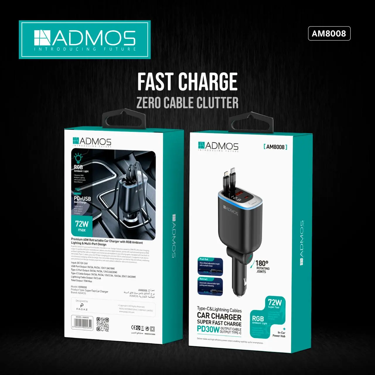 ADMOS AM8008 – 72W Super Fast Retractable Car Charger